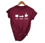 t shirt bordeaux  pour lecteurs citation chats livres et café