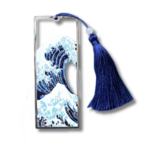 marque page  au motif de la vague de Kanagawa avec un pompon bleu