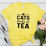 t shirt jaune chats livres et thé pour les lecteurs
